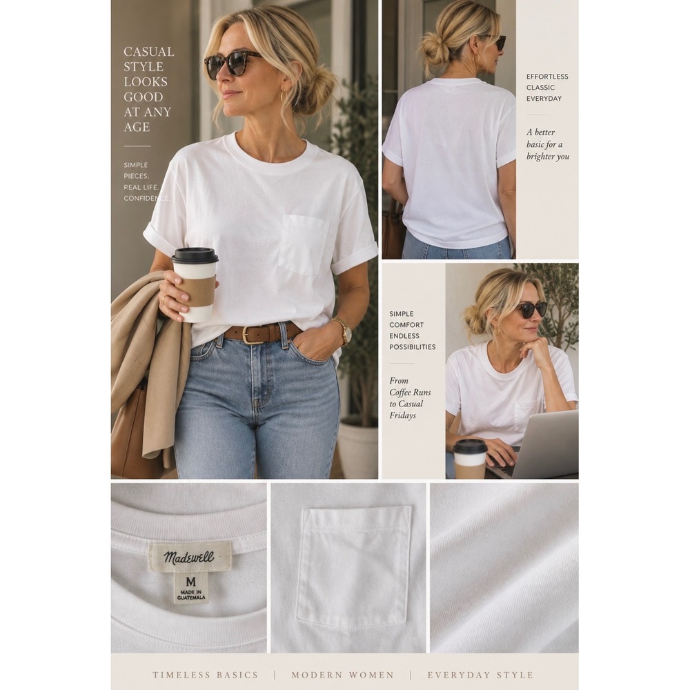 Madewell Womens White Cotton Crewneck Pocket T-Shirt Relaxed Fit Size M 2046